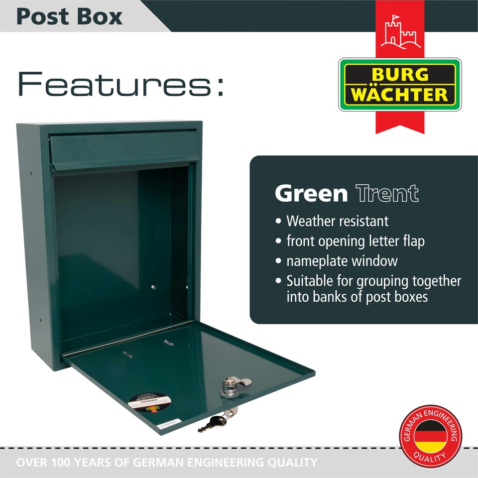 image 1 of Burg-Wachter Trent Wall Mounted Galvanised Steel Lockable Post Box - 26x34x9cm Green