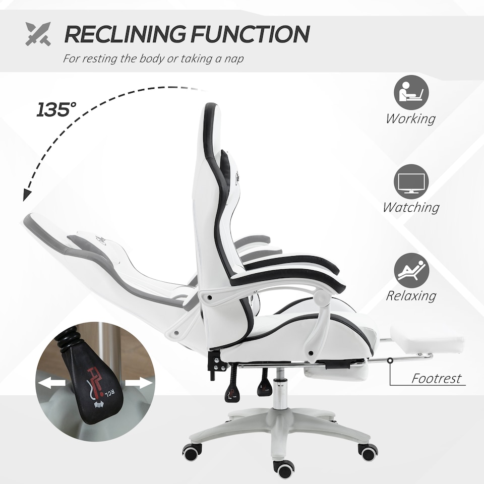image 1 of Vinsetto Computer Gaming Chair, PU Leather Office Desk Chair with Footrest, Swivel Wheels, 135 Reclining Back, Lumbar Support, Headrest for Home, White and Black