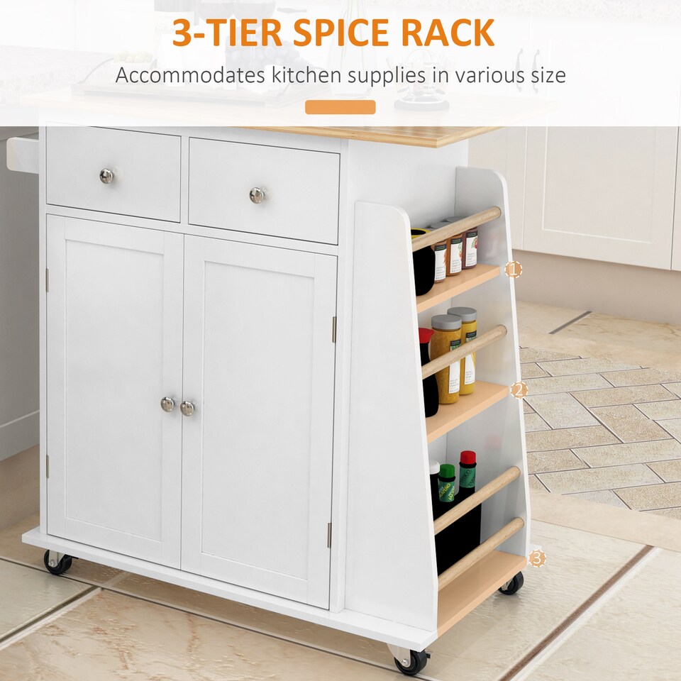 image 1 of Kitchen Island Storage Cabinet Rolling Trolley with Wood Top, 3-Tier Spice Rack