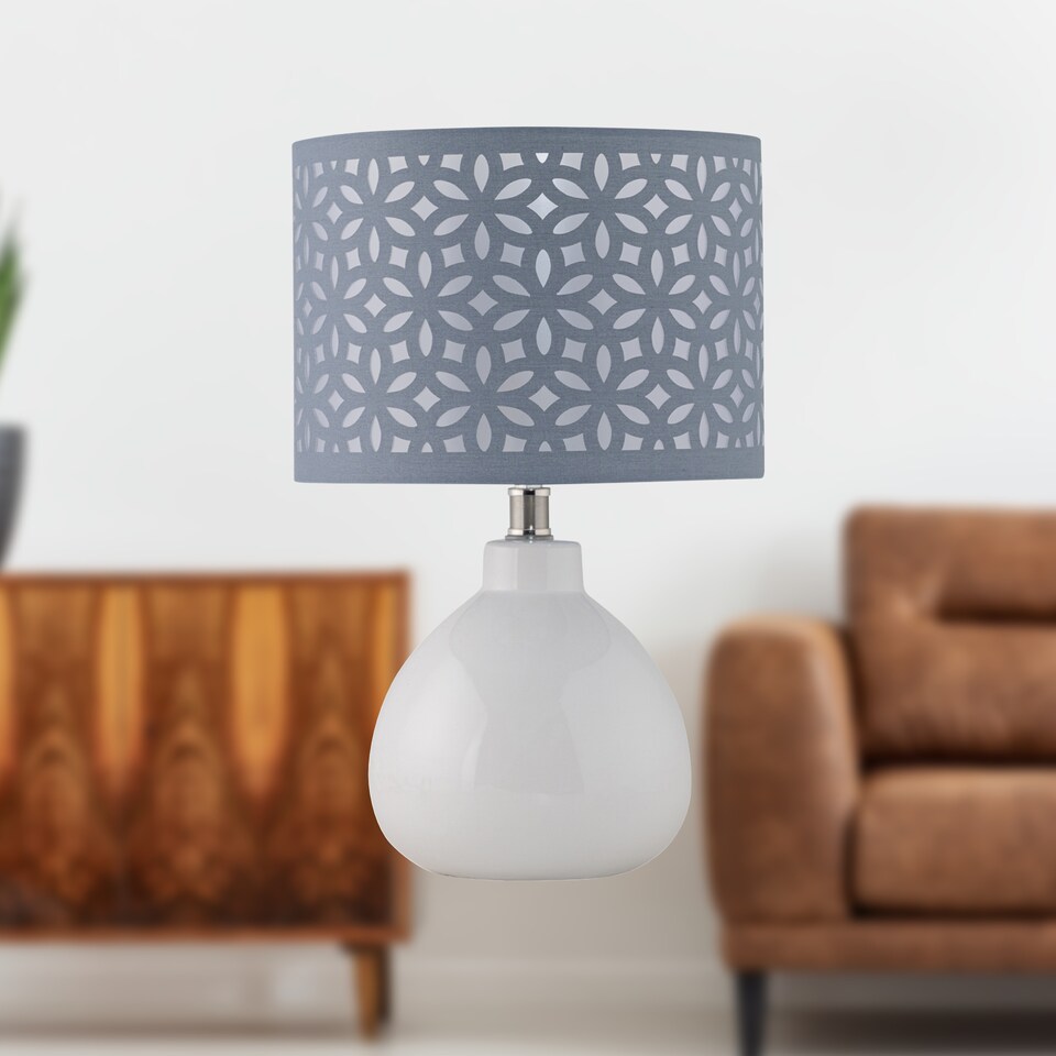 image 1 of Set of 2 Tuscan - White Ceramic Lamps with Grey Cut Out Shade | White | Grey | Medium | 2