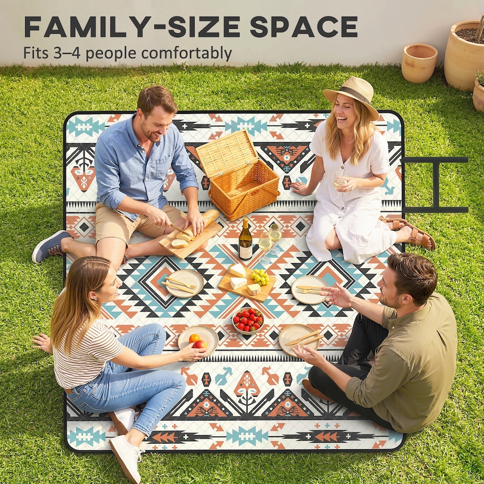 image 1 of Outsunny Picnic Blanket, 200x200CM Beach Blanket Outdoor Picnic Mat | Multi | Multi-coloured tribal geometric | 200 x 200 x 1 cm