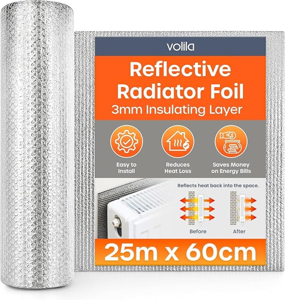 image 1 of Radiator Foil Insulation Roll Reflector Panels - Energy Saving Radiator Heat Deflector for Home Heating | Silver | 25m x 60cm -  Roll | 1