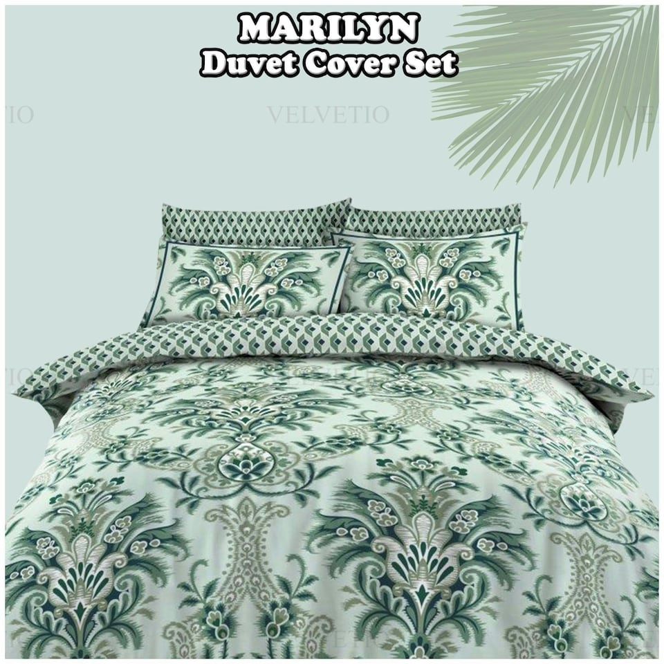 image 1 of VELVETIO Marilyn Complete Duvet Cover Set with Fitted Sheet Soft Printed Bedding Bedset Green | Double