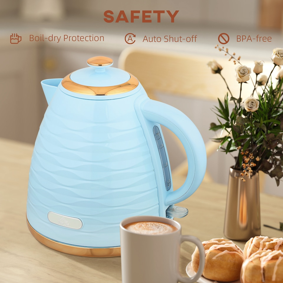 image 1 of HOMCOM Electric Kettle, Fast Boil, 1.7L, 3kW, Swivel, Light Blue Ripple | Blue | Light Blue, Rose Gold
