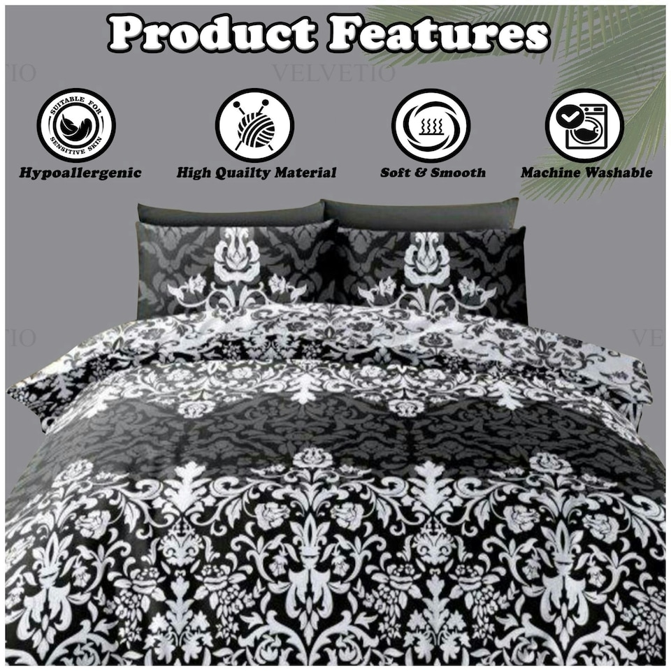 image 1 of VELVETIO Casablanca Damask Complete Duvet Cover Set with Fitted Sheet Soft Printed Bedding Bedset Black | King