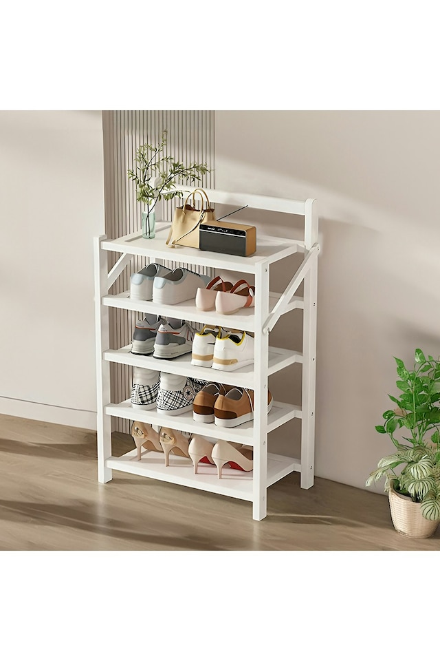 image 1 of Living and Home 5-Tier Foldable Bamboo Shoe Rack - White | White