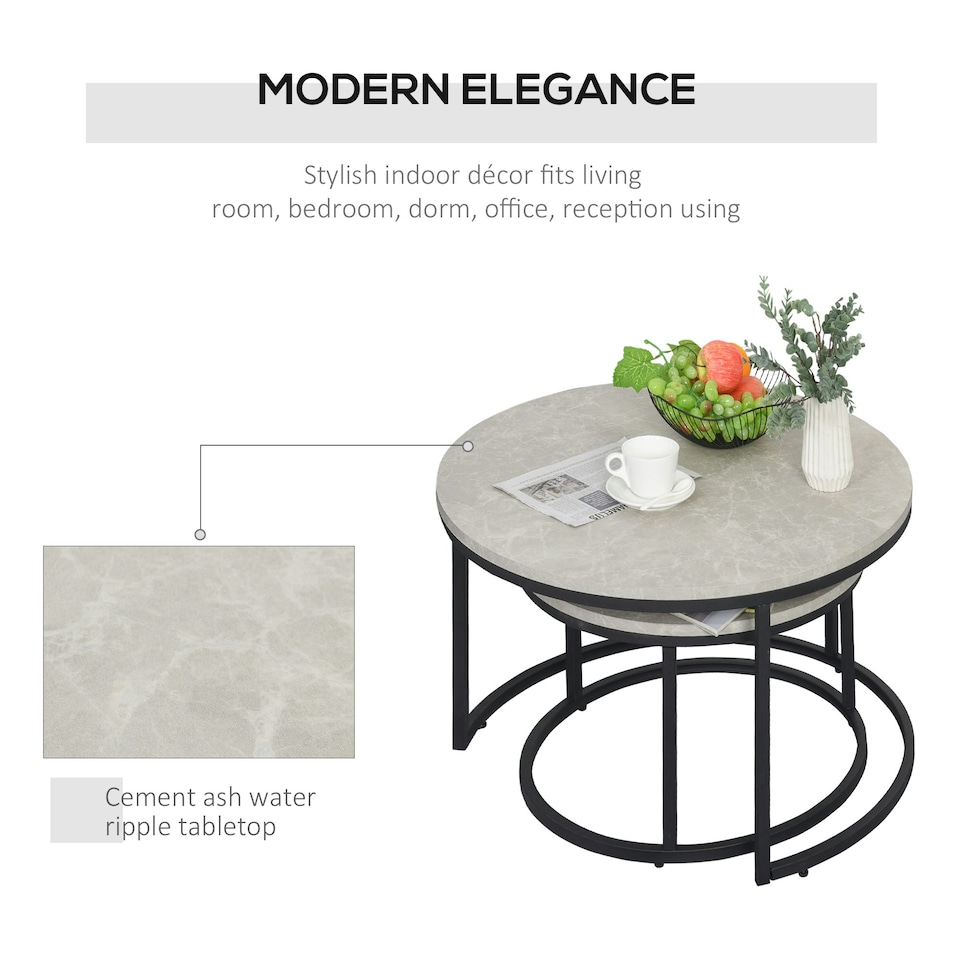 image 1 of HOMCOM 2 Pcs Stacking Coffee Table Set Steel Frame, Marble Grey Black