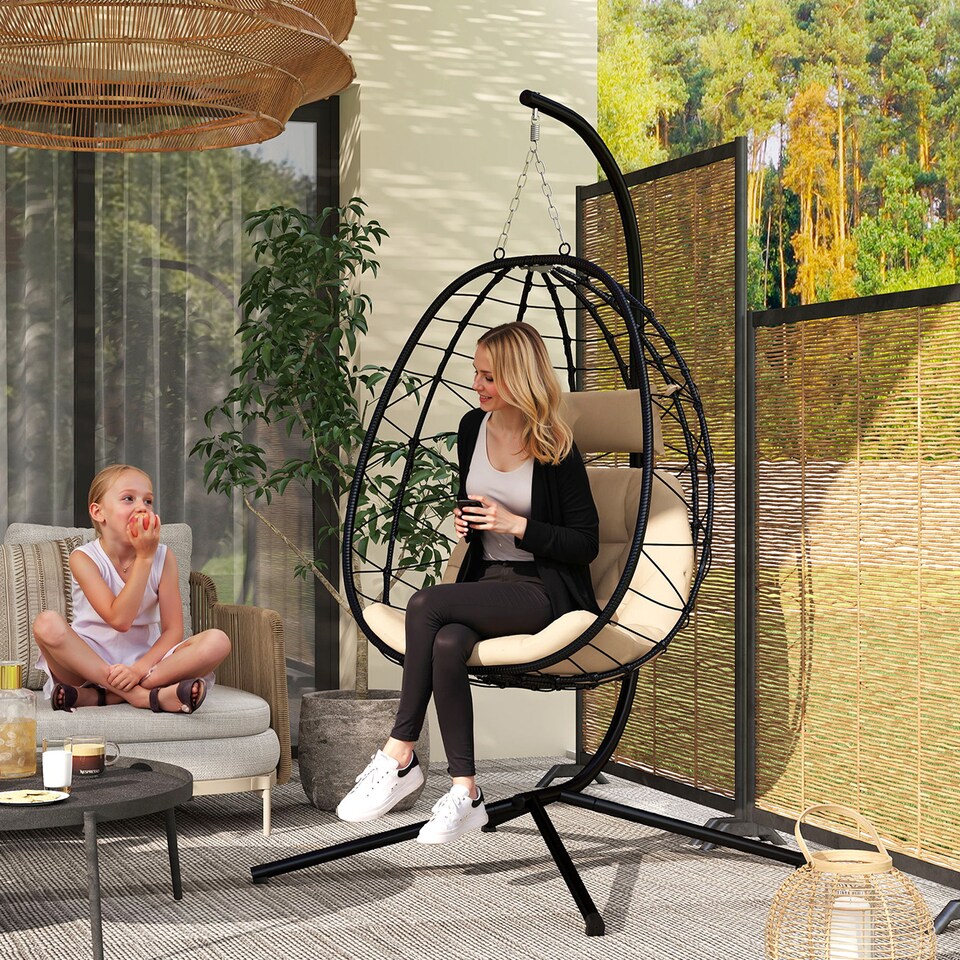 image 1 of Outsunny Garden Egg Chair Outdoor Hanging Swing Chair, Folding Basket, Khaki