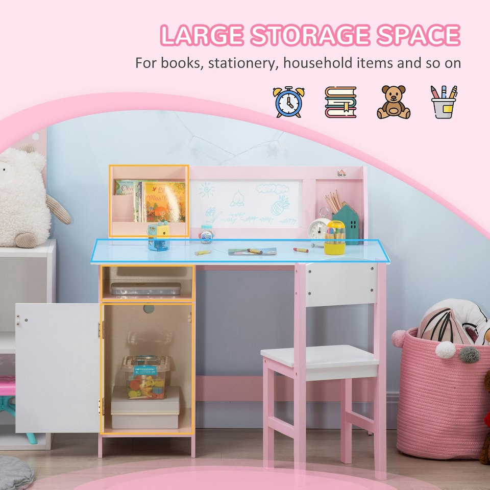 image 1 of HOMCOM 2 PCs Childrens Table and Chair Set w/ Whiteboard Storage - Pink 