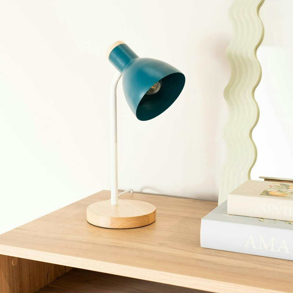 image 1 of ValueLights Woody Teal Metal Dome Shade Wooden Base Desk Task Table Lamp and LED Bulb