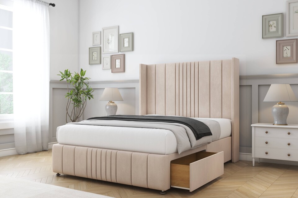 image 1 of Sloomy Hargrave Sand Naples Divan Bed With Mattress No Drawers With 54" Wingback Headboard & 12" Matching Footboard 4'6 Double | Cream | Sand | Double | 1