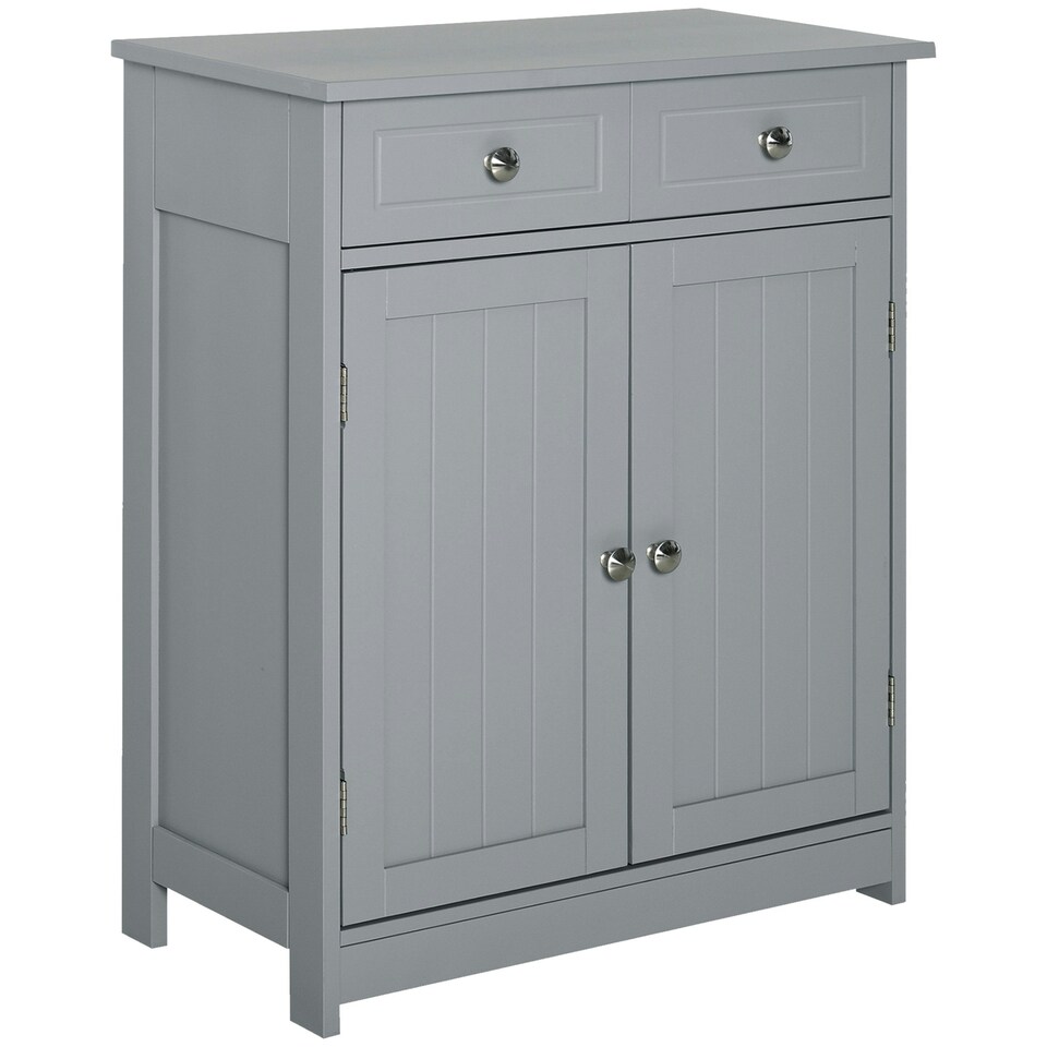 image 1 of kleankin Bathroom Floor Storage Cabinet w/ 2 Drawers Door Cupboard Grey