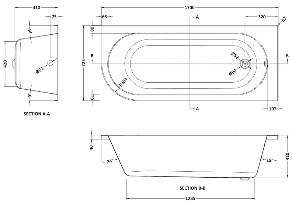 image 1 of Right Hand Back to Wall Corner J Shaped Bath Tub Panel 1700mm | White | White | 1700 x 725 x 410mm | 1