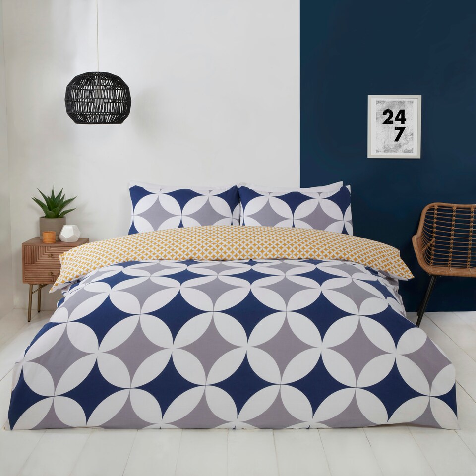 image 1 of Geo Polycotton Reversible Duvet Cover Set with Pillowcase Blue | King