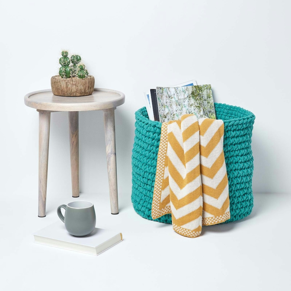 image 1 of Homescapes Teal Green Cotton Knitted Round Storage Basket - 42 x 37 cm Green | L