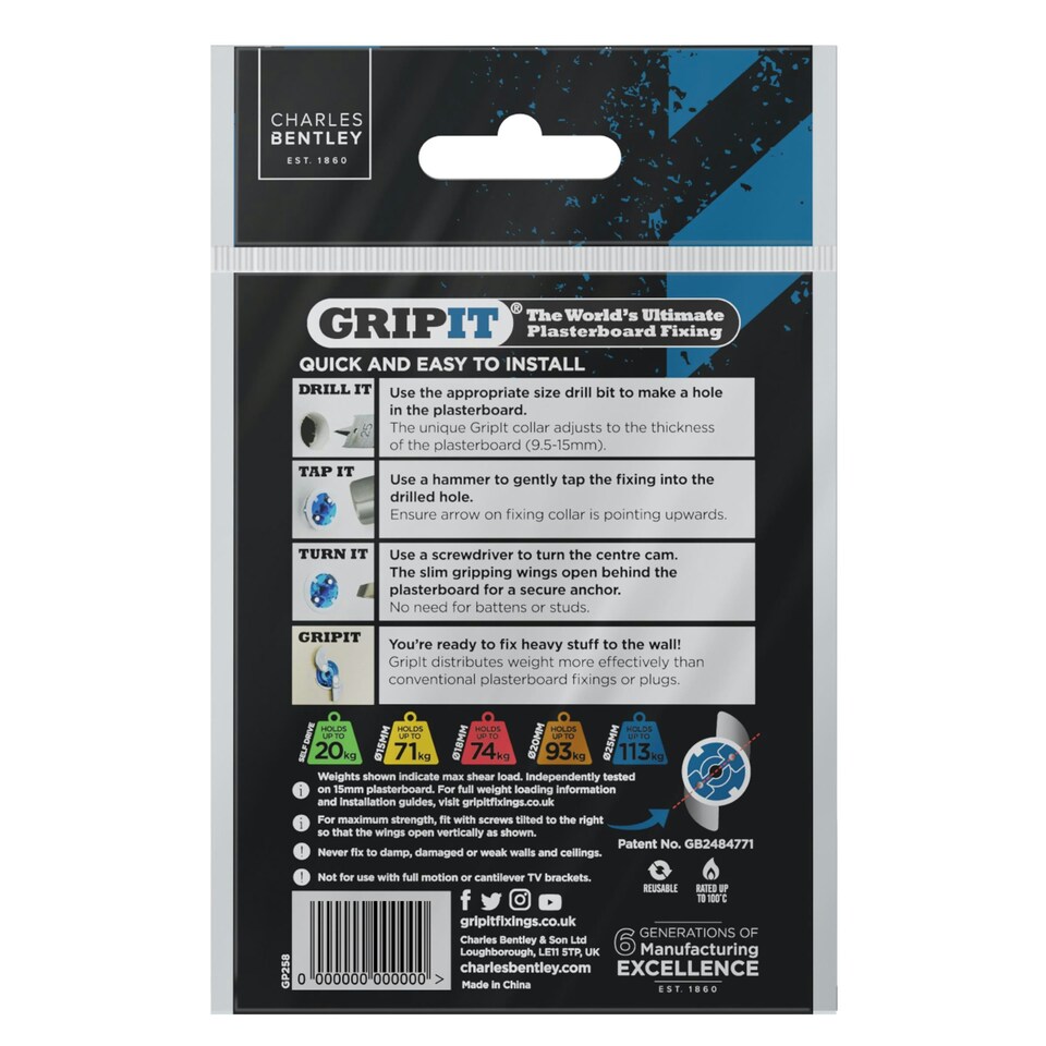 image 1 of Gripit 25mm Plasterboard Fixing Stud Wall Anchor Max Load 113kg - Blue - 8 Pack