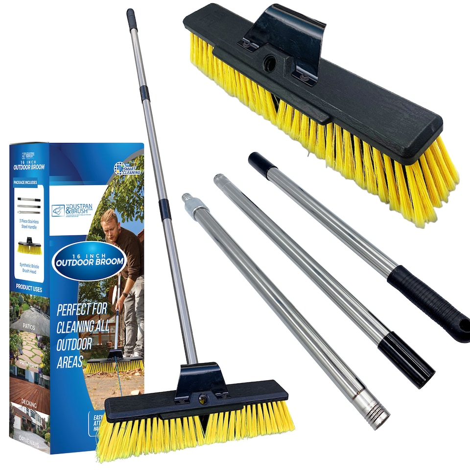 image 1 of Heavy Duty Garden Brush Outdoor Sweeping Broom 16" Wide with Metal Handle