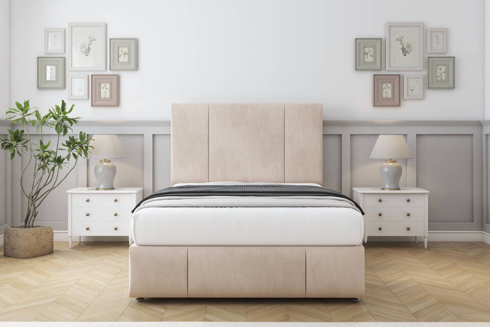 image 1 of Sloomy Lisbon Sand Naples Divan Bed Base 2 Drawers Foot-End With 54 Inch Floor Standing Headboard & 12 Inch Matching Footboard | Cream | Sand | Double | 1