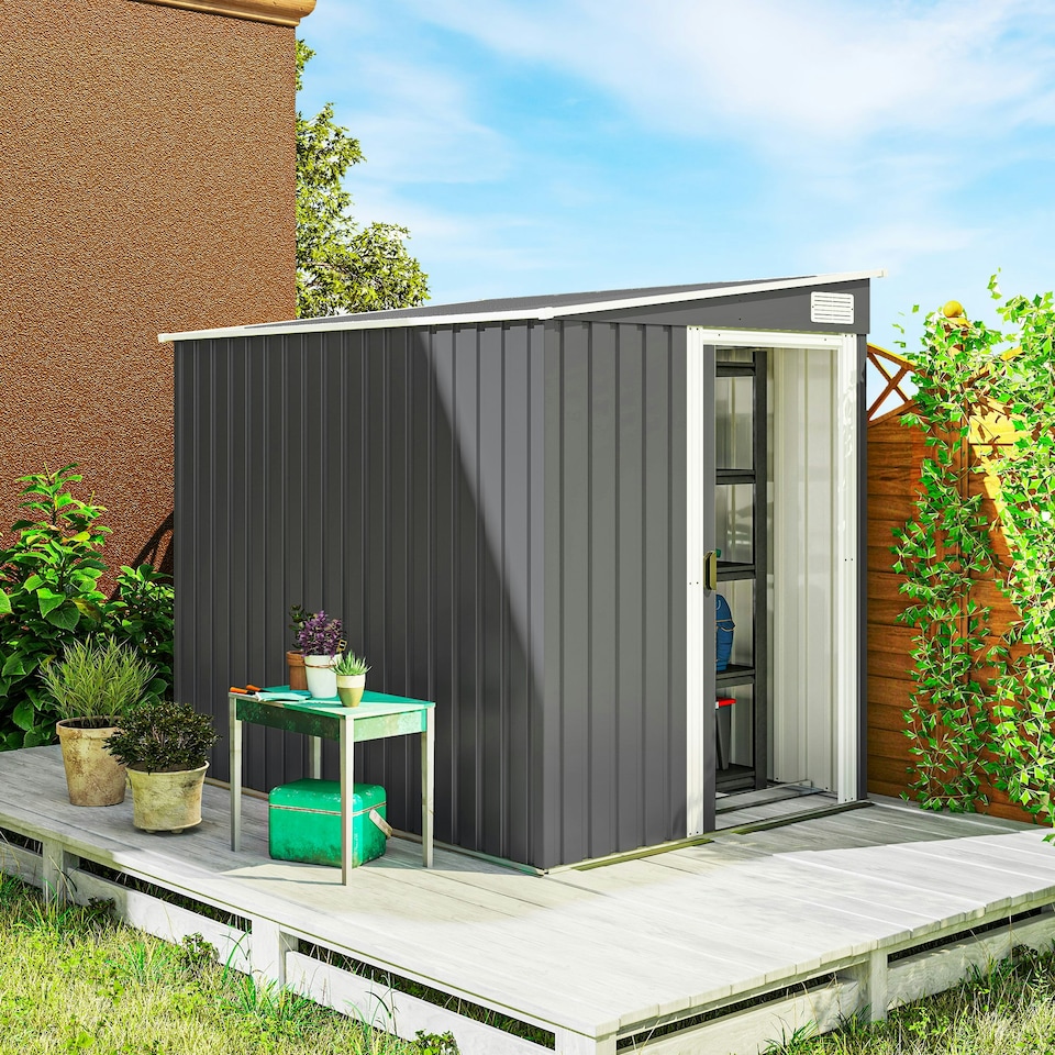 image 1 of Outsunny 7 x 5FT Garden Shed w/ Foundation Lean to Metal Tool Shed Dark Grey 