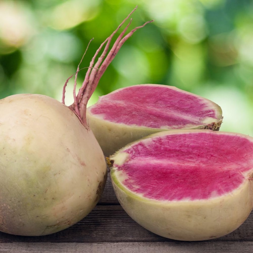 image 1 of Radish Mantanghong F1 - Asian Watermelon Radish Pink Flesh Crisp Sweet Easy Grow Culinary Decorative - 1x Seed Packet