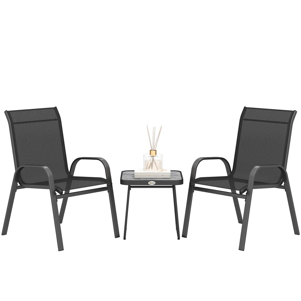 image 1 of Outsunny Garden Bistro Set, 3 Piece Garden Furniture Set with Stackable Armchairs and SPC Board Coffee Table, Bistro Table and Chairs with Texteline Seats for Balcony, Porch, Black