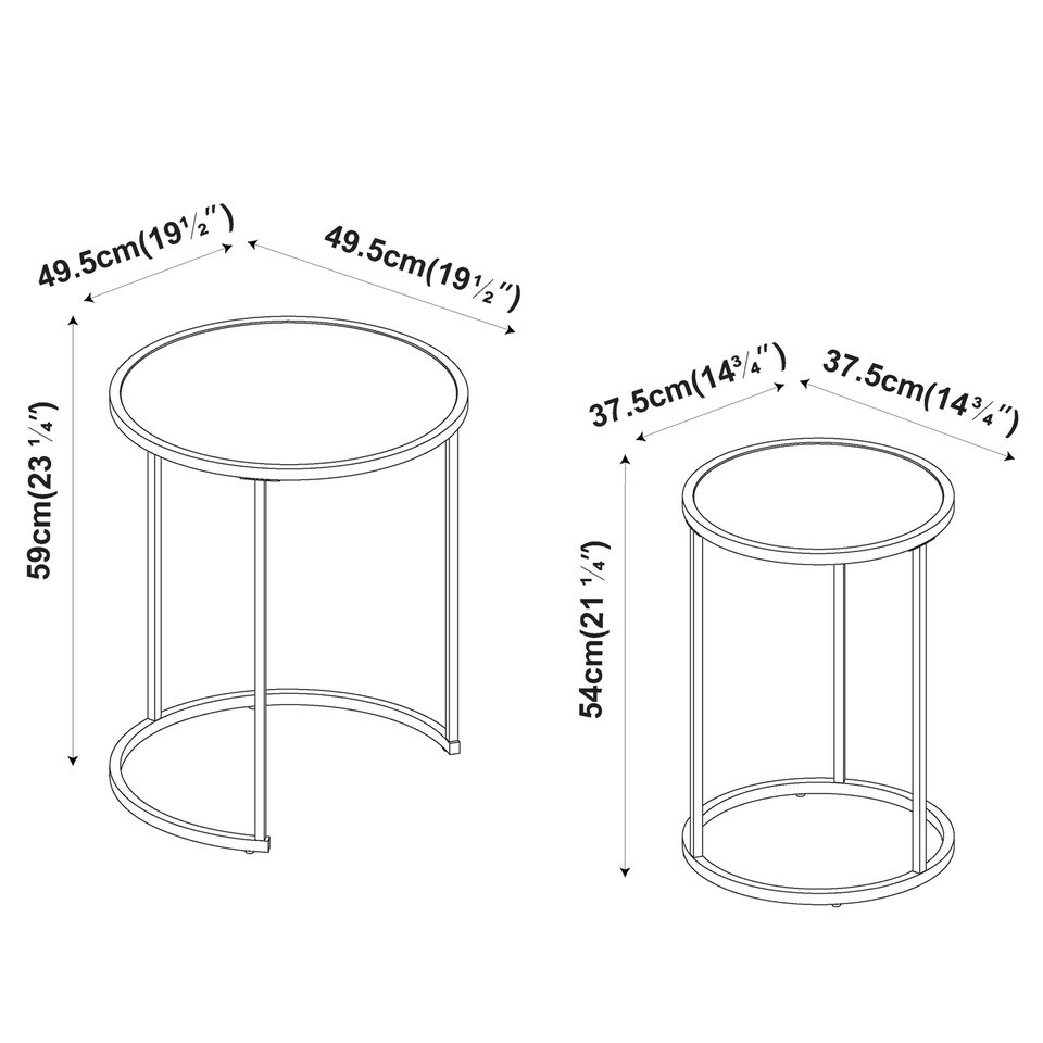 image 1 of 2 Piece Round Nesting Side Tables Set Tempered Glass Top Metal Leg Coffee Tables | Multi | Black Legs White Glass