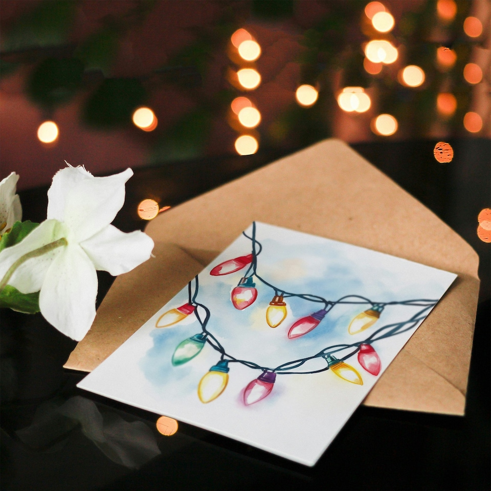 image 1 of Greeting Card Colourful Fairy String Lights Soft Watercolour Blank For Him Or Her Art Xmas Christmas Card