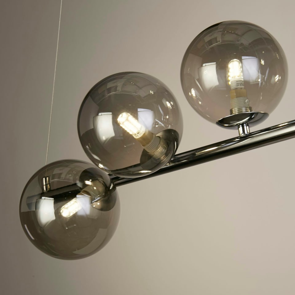 image 1 of 6LT CHROME PENDANT BAR WITH SMOKE GLASS SHADES