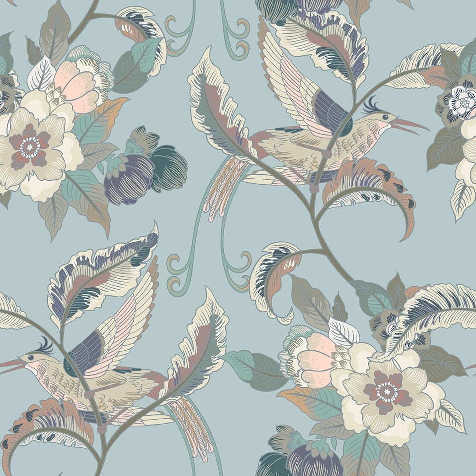 image 1 of Beautiful Birds Wallpaper in Duck Egg | Blue | Duck Egg