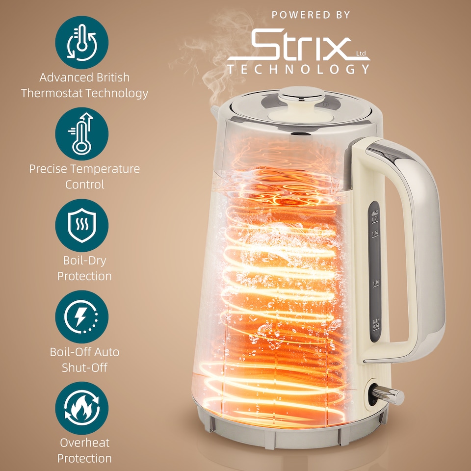 image 1 of HOMCOM Electric Stainless Steel Kettle and Toaster Set, 3000W 1.7L UK Strix Thermostat Fast Boil Kettle w Limescale Filter, Cool Touch Body, 4 Slice Toaster with 7 Browning Levels, Crumb Tray, Cream