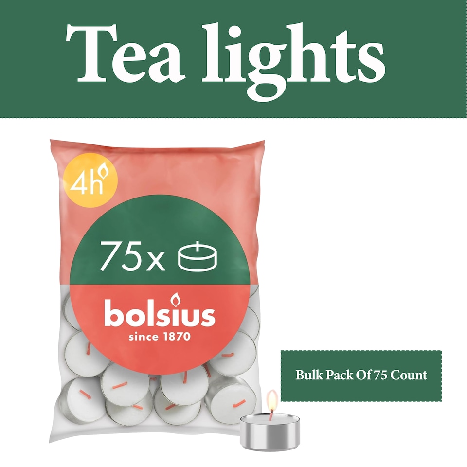 image 1 of Bolsius Tea Lights Pack of 75 White Unscented Decorative Ambient Candles