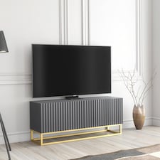 TV Unit Stand Cabinet Sideboard Media Cabinet Storage Unit Grey Fluted Gold Base 100cm