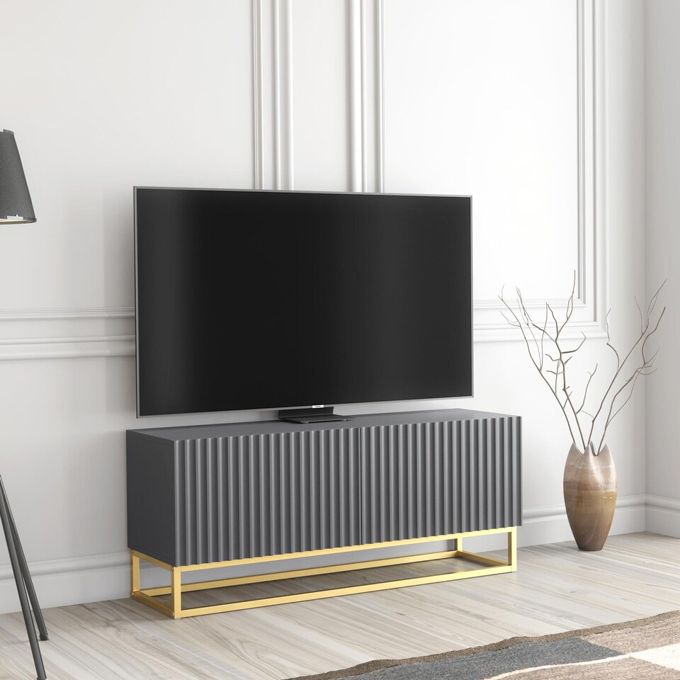image 1 of TV Unit Stand Cabinet Sideboard Media Cabinet Storage Unit Grey Fluted Gold Base 100cm