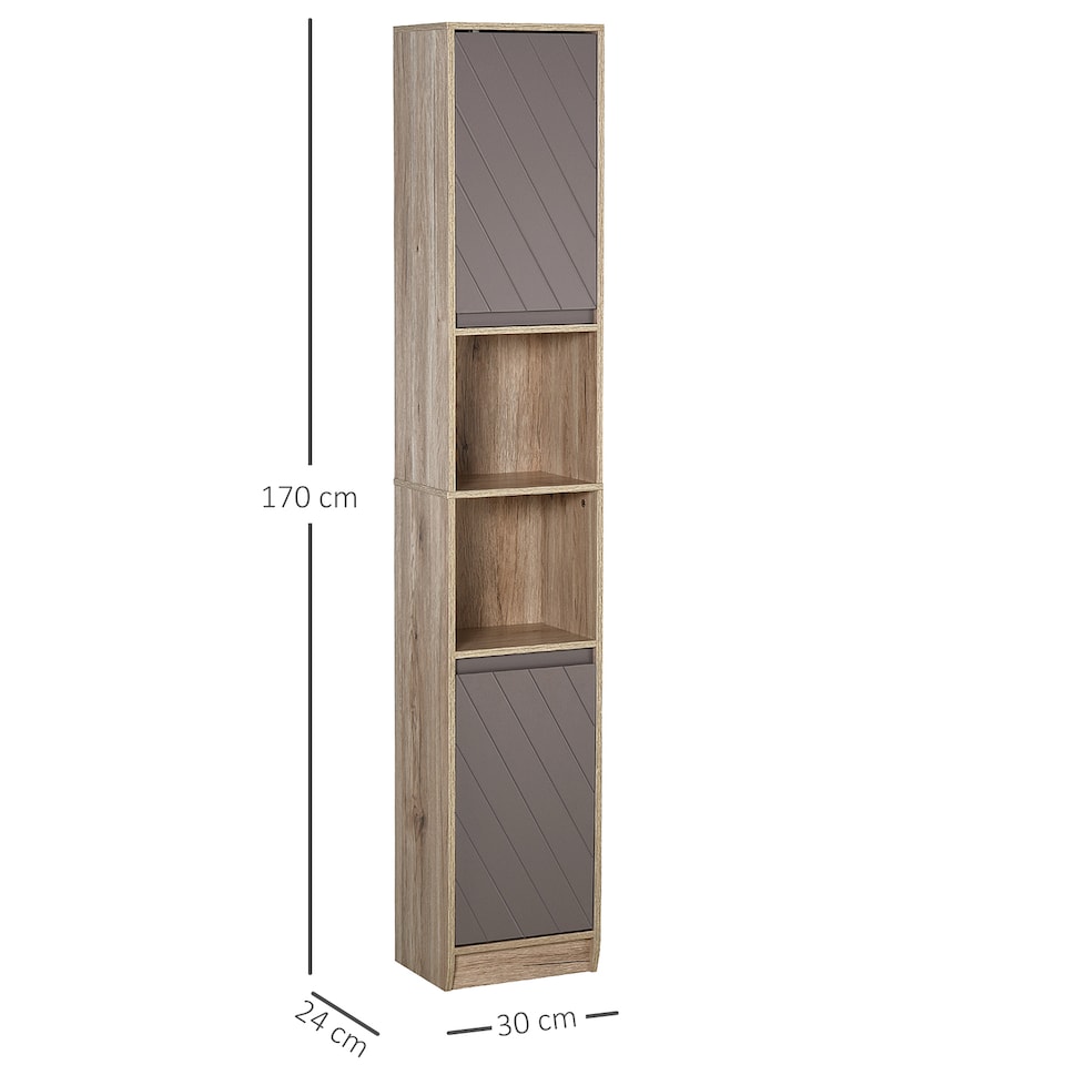 image 1 of HOMCOM Narrow Bathroom Cabinet, Slim Bathroom Storage Unit with Open Compartment, Freestanding Storage Cupboard with Adjustable Shelves for Small Spaces, 30 x 24 x 170 cm, Grey and Oak