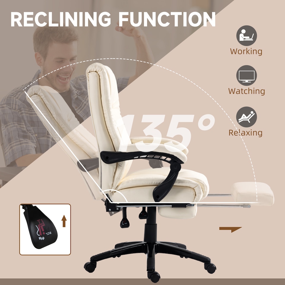 image 1 of Vinsetto Executive Office Chair for Home, PU Leather Computer Chair, Swivel Desk Chair with Footrest, Wheels, Adjustable Height, Cream White