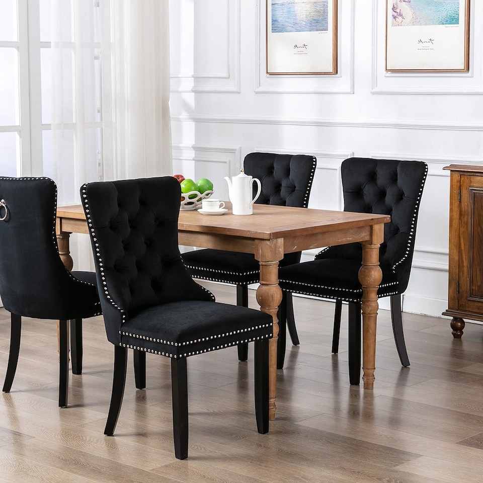 image 1 of Romsey Set of 4 Modern Velvet Dining Chairs with Solid Oak Legs