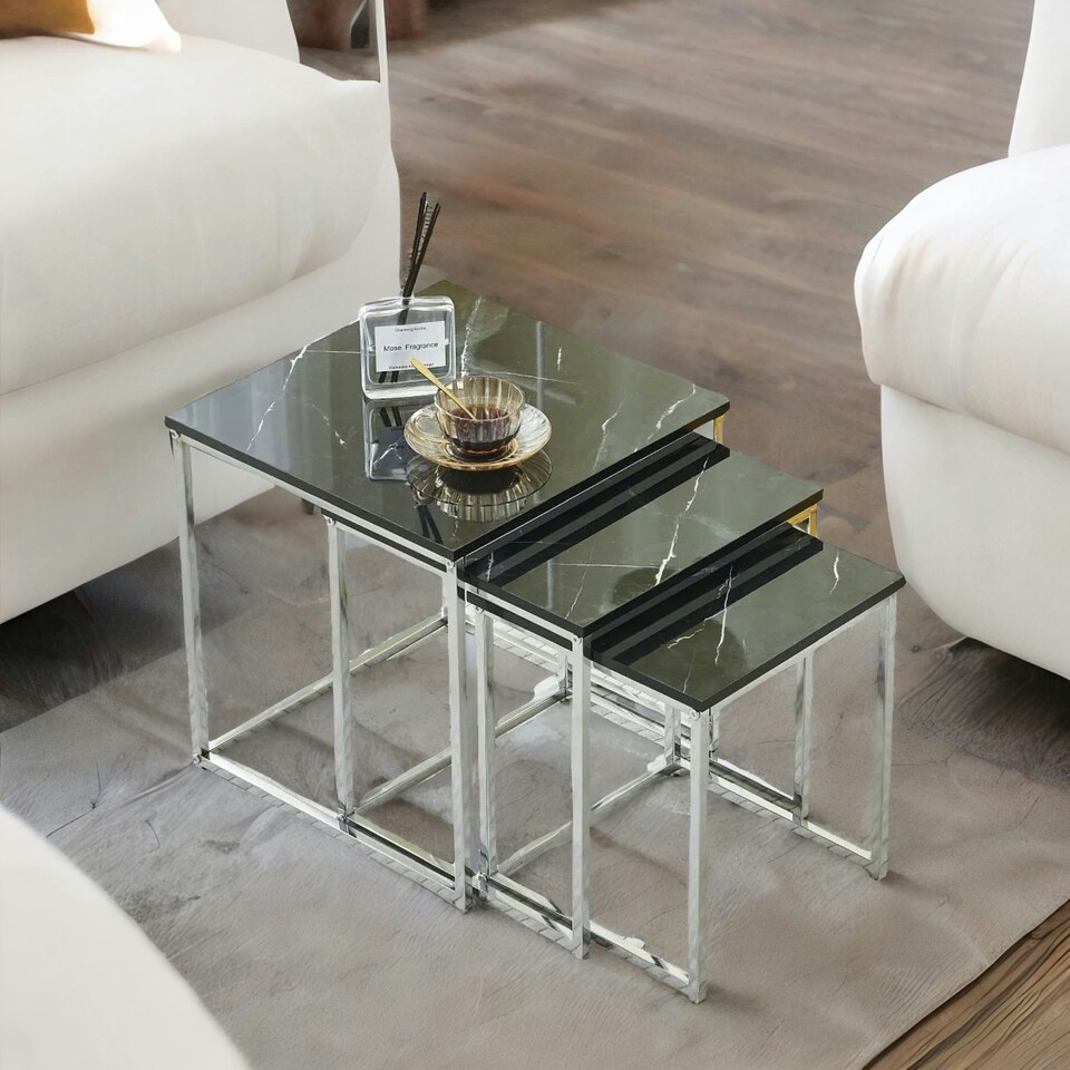 image 1 of Set Of 3 Faux Marble Nesting Tables Black Grey
