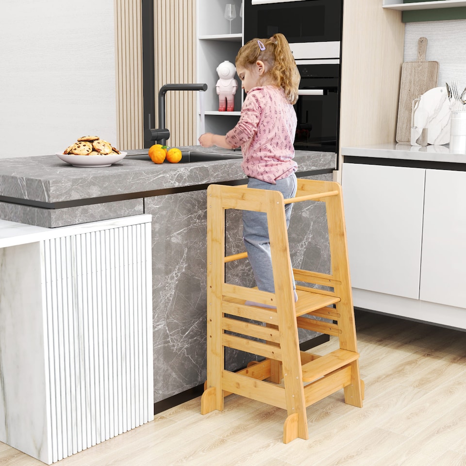 image 1 of COSTWAY Toddlers Step Stool Montessori Kitchen Step Stool-Natural