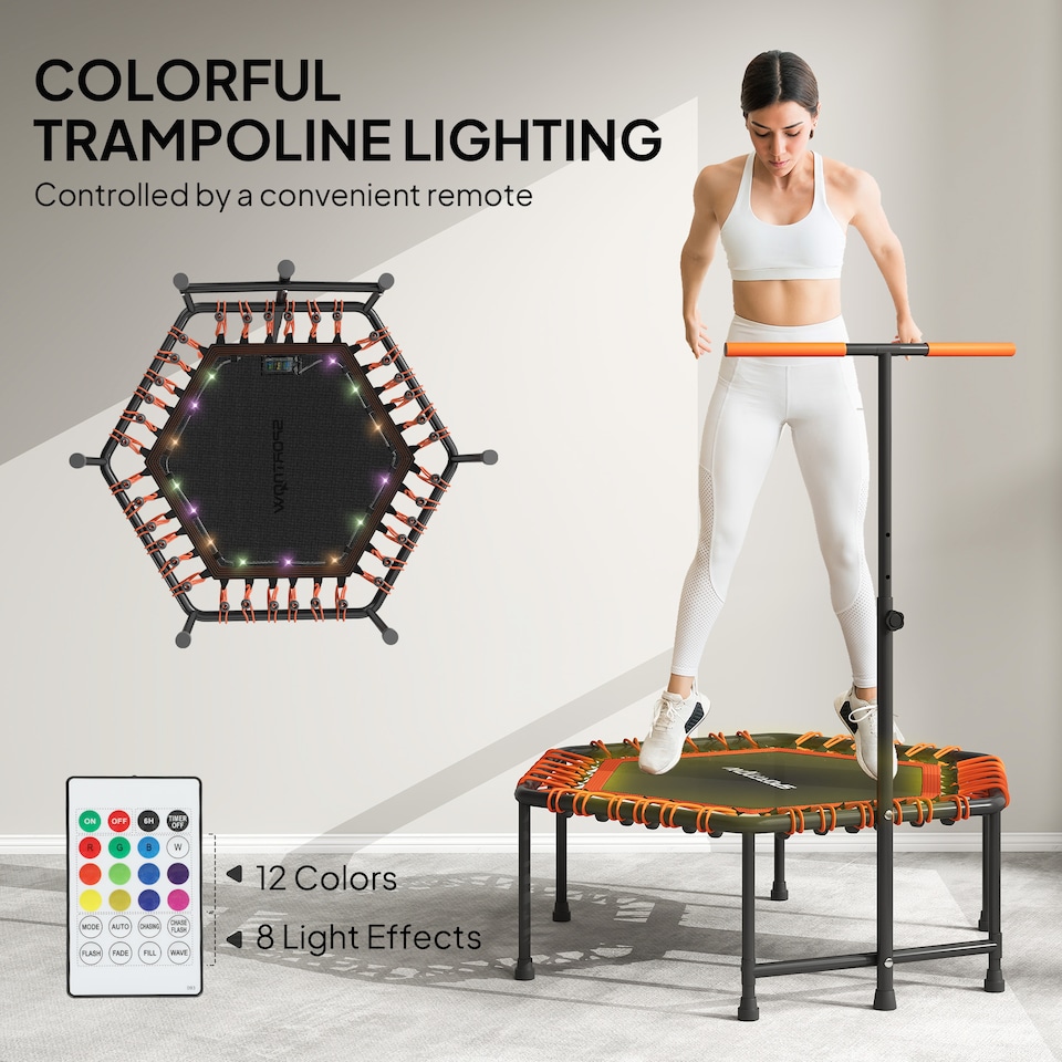 image 1 of SPORTNOW Fitness Trampoline with Adjustable Handle, LED Lights, Orange