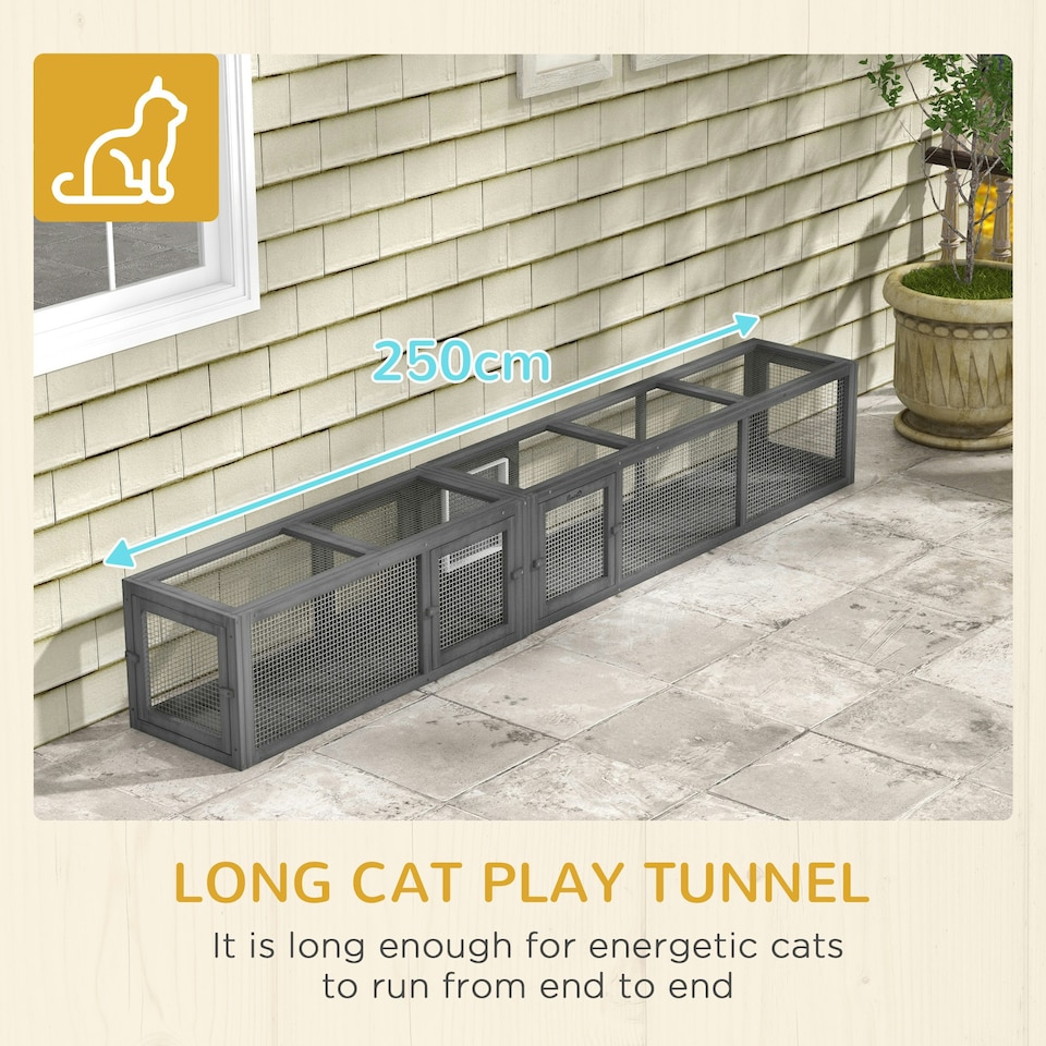 image 1 of PawHut Cat Tunnel, 250cm Extra Long Wooden Cat Play Tunnel with Eight Doors