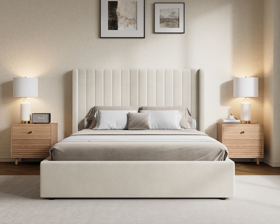image 1 of Ezysleep Belgravia Velvet Upholstered Gas Lift Ottoman Storage Bed Frame Modern Design | Cream | Cream