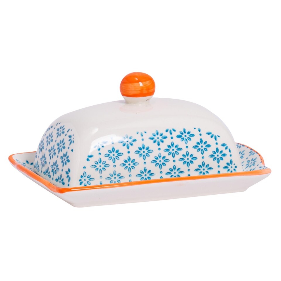 image 1 of Nicola Spring Hand-Printed Butter Dish - 18.5 x 12cm - Blue | Blue | Multi-Coloured