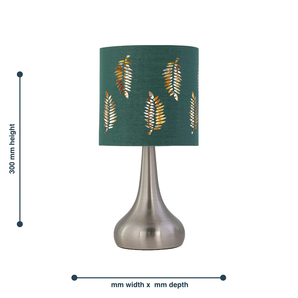 image 1 of Set of 2 Romana - Brushed Chrome Touch Operated Table Lamps Bedside Lights Dark Green Fern Shade Silver | Green