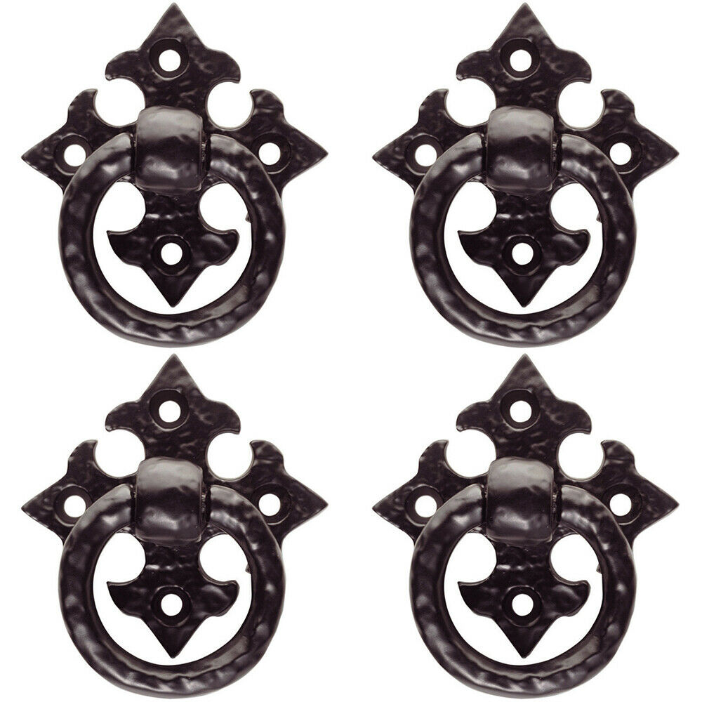 Loops 4x Ornate Cabinet Ring Pull on Cross Backplate 35mm Fixing Centres Black Antique