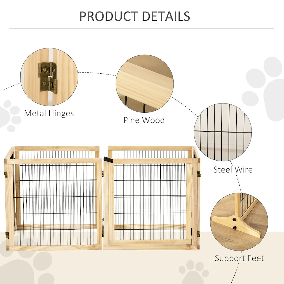 image 1 of PawHut Freestanding Pet Dog Gate, Six-Panel Foldable Wooden Playpen, 432cm