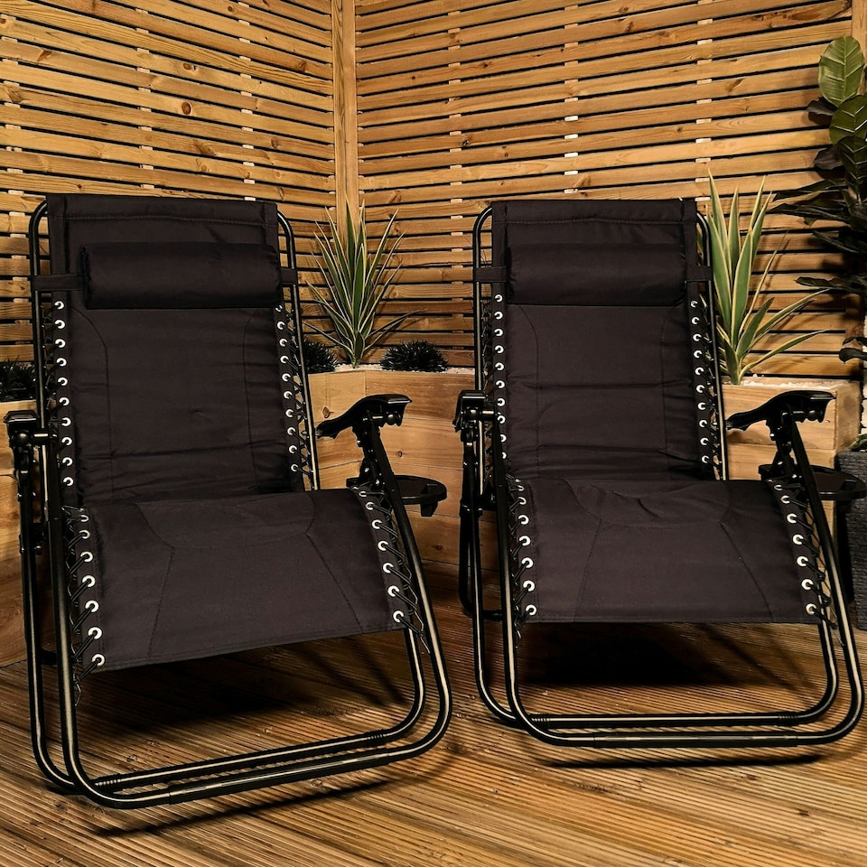image 1 of Set of 2 Luxury Padded Multi Position Zero Gravity Garden Relaxer Chair Lounger in All Black