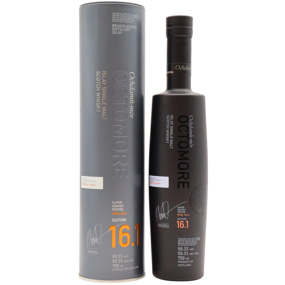 Octomore - 16.1 Islay Single Malt 2019 5 year old Whisky | Multi | Salted Caramel, honeyed melon and apricot lead into chocolate and coconut, accompanied by a soft wave of earthy minerality and lingering smoke. | 700