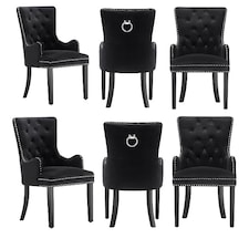Set of 6 Velvet Dining Chairs with Armrest, Ergonomic Scoop Knockerback & Button Tufted Wood Legs Black