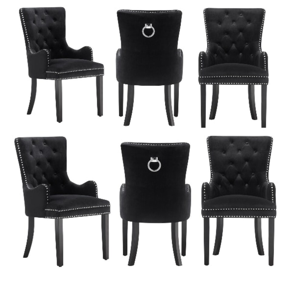 image 1 of Set of 6 Velvet Dining Chairs with Armrest, Ergonomic Scoop Knockerback & Button Tufted Wood Legs Black