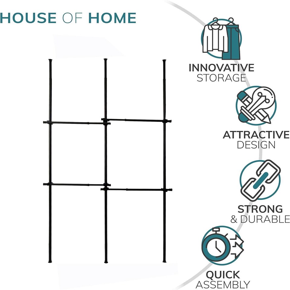 image 1 of House of Home Telescopic Clothes Rail Double Wardrobe Hanging Rack Adjustable Storage Black